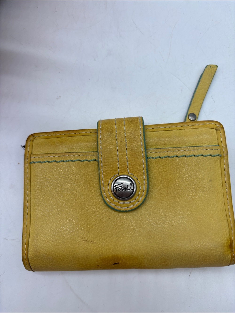 Fossil Yellow Leather Snap Wallet with Contrast Stitching